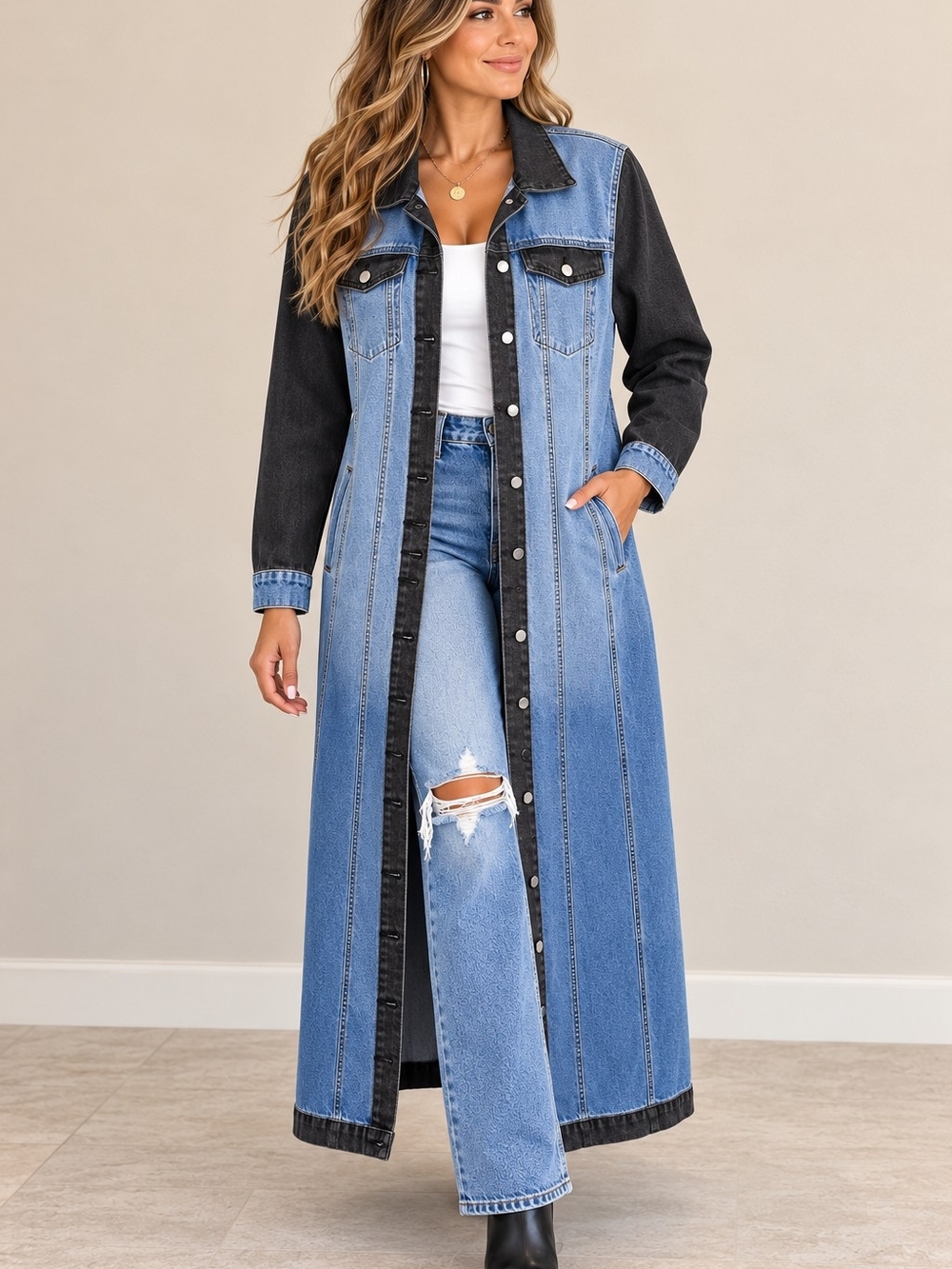 SHEIN Two-Tone Long Denim Trench Coat - Light Blue & Grey